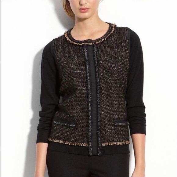 Elie Tahari Tweed Merino Wool Rachel Grey & Yellow Orche Cardigan Sweater - Picture 1 of 11